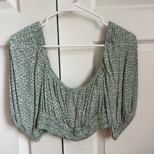 Urban Outfitters Smocked Hem Floral Crop Top in Sage Green